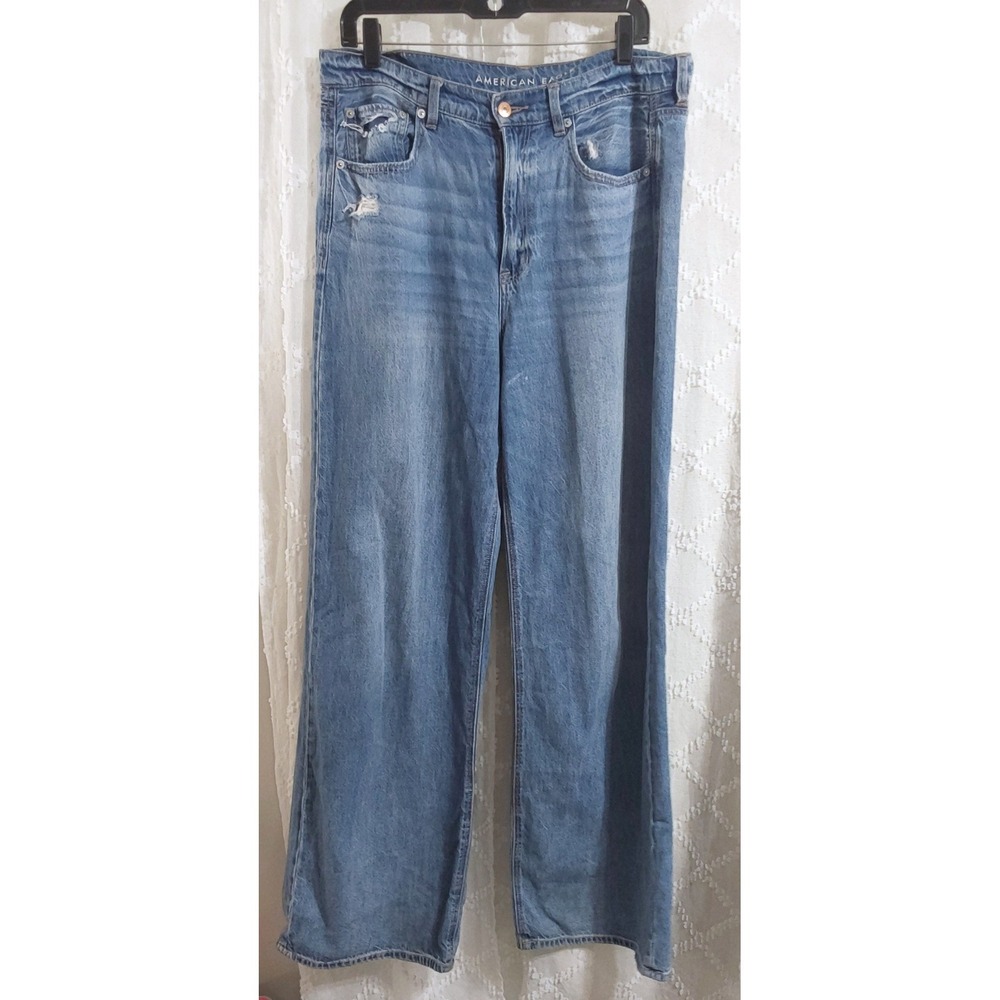 American Eagle Women Wide Leg High Rise Distressed Jeans Light Wash Blue 12L
